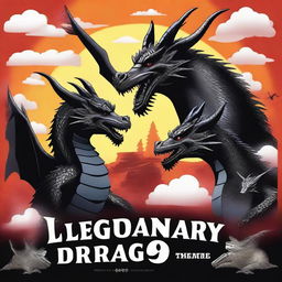 Create a movie poster titled 'Legendary Dragon Team' featuring three dragons in the background