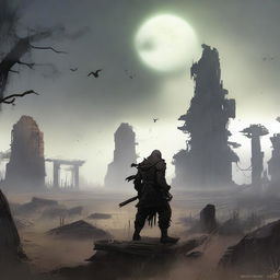 A post-apocalyptic cultivation scene, featuring a desolate landscape with ruins and overgrown vegetation