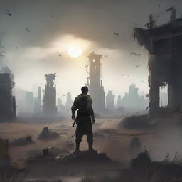 A post-apocalyptic cultivation scene, featuring a desolate landscape with ruins and overgrown vegetation