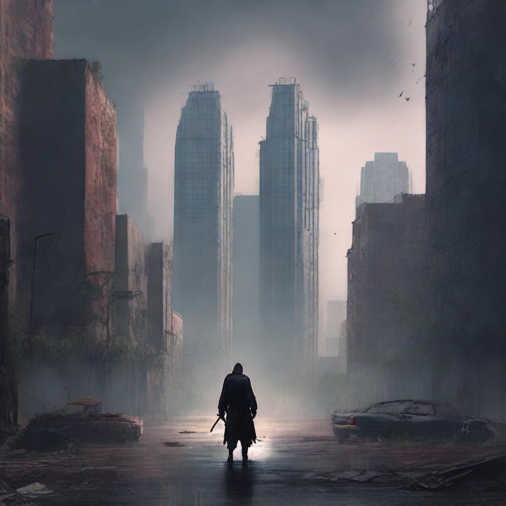 A post-apocalyptic urban cultivation scene, featuring a desolate cityscape with ruined skyscrapers and overgrown streets