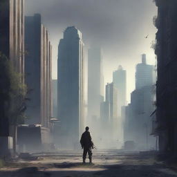 A post-apocalyptic urban cultivation scene, featuring a desolate cityscape with ruined skyscrapers and overgrown streets