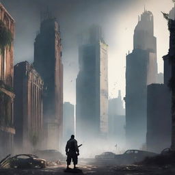 A post-apocalyptic urban cultivation scene, featuring a desolate cityscape with ruined skyscrapers and overgrown streets