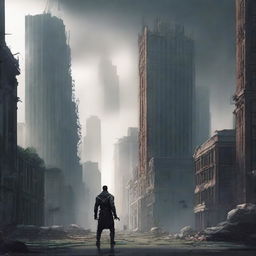 A post-apocalyptic urban cultivation scene, featuring a desolate cityscape with ruined skyscrapers and overgrown streets