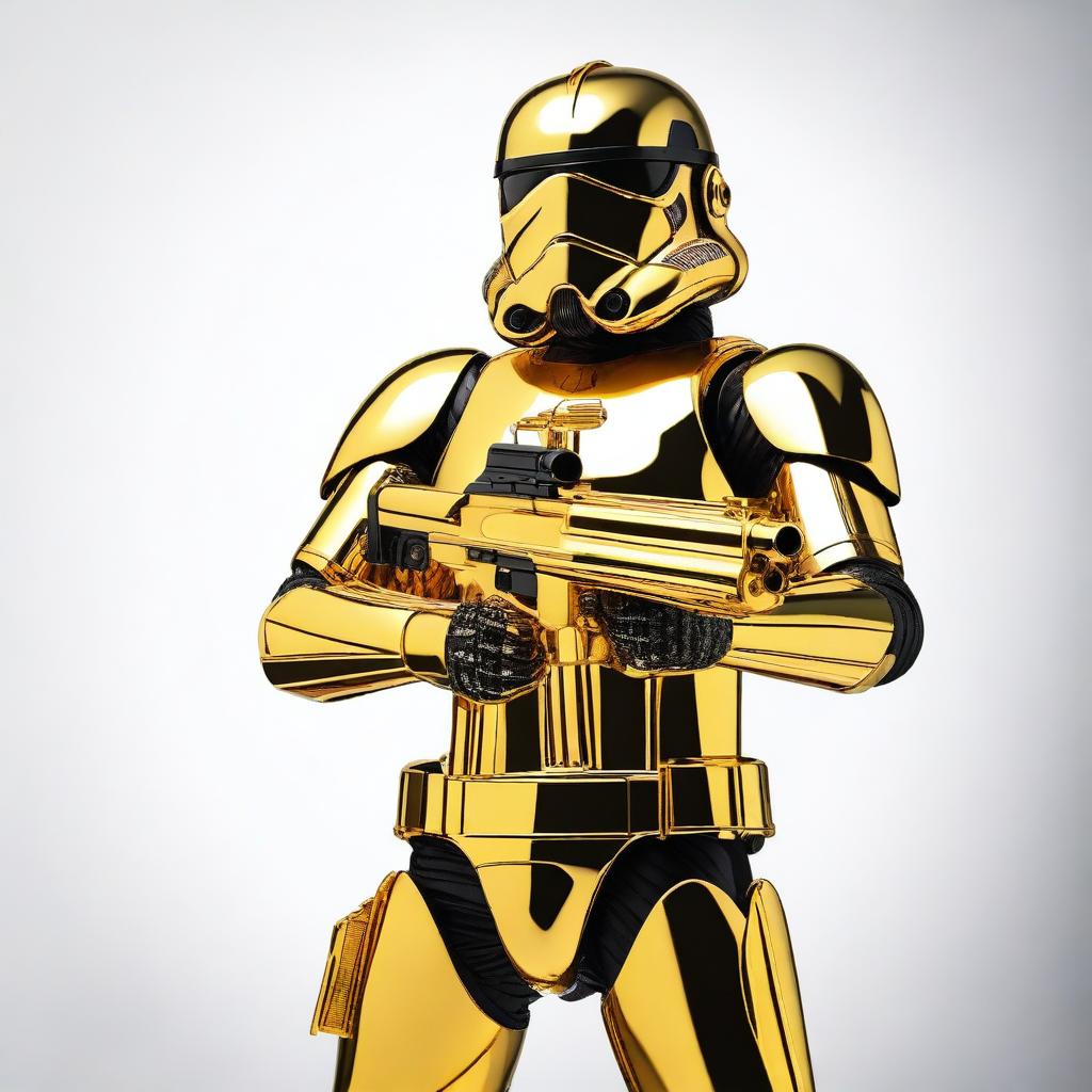 A full-body image of a Golden Stormtrooper holding a golden blaster