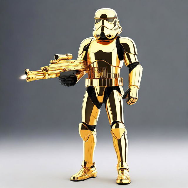 A full-body image of a Golden Stormtrooper holding a golden blaster