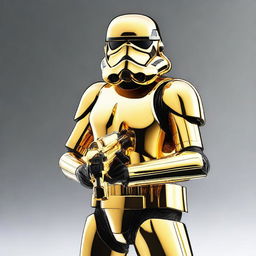 A full-body image of a Golden Stormtrooper holding a golden blaster