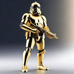 A full-body image of a Golden Stormtrooper holding a golden blaster