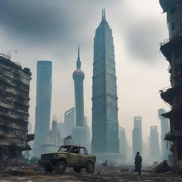 A post-apocalyptic urban cultivation scene set in a desolate Shanghai