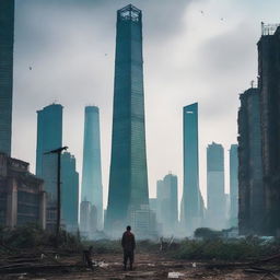 A post-apocalyptic urban cultivation scene set in a desolate Shanghai