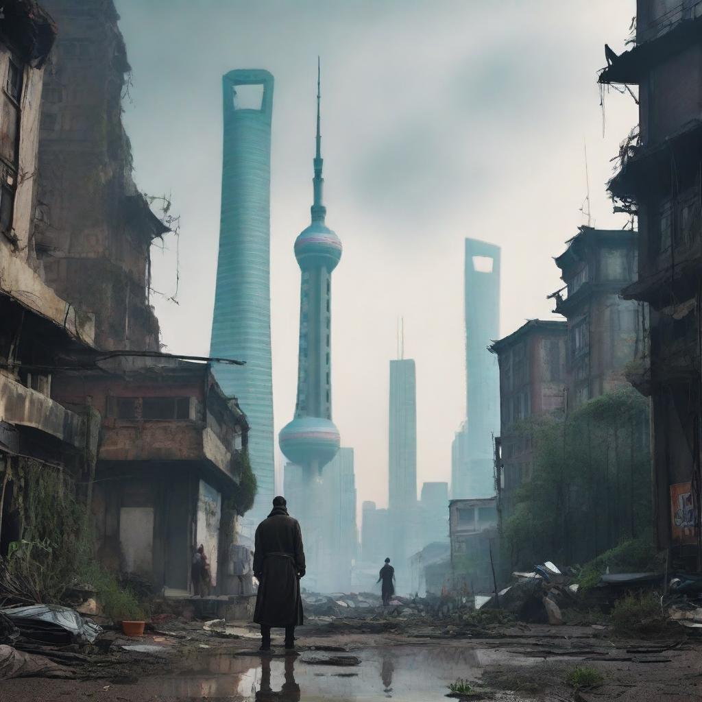 A post-apocalyptic urban cultivation scene set in a desolate Shanghai