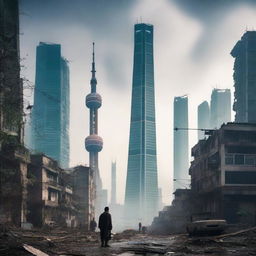 A post-apocalyptic urban cultivation scene set in a desolate Shanghai