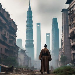 A post-apocalyptic urban cultivation scene set in a desolate Shanghai