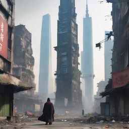 A post-apocalyptic urban cultivation scene set in a desolate Shanghai