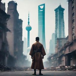 A post-apocalyptic urban cultivation scene set in a desolate Shanghai