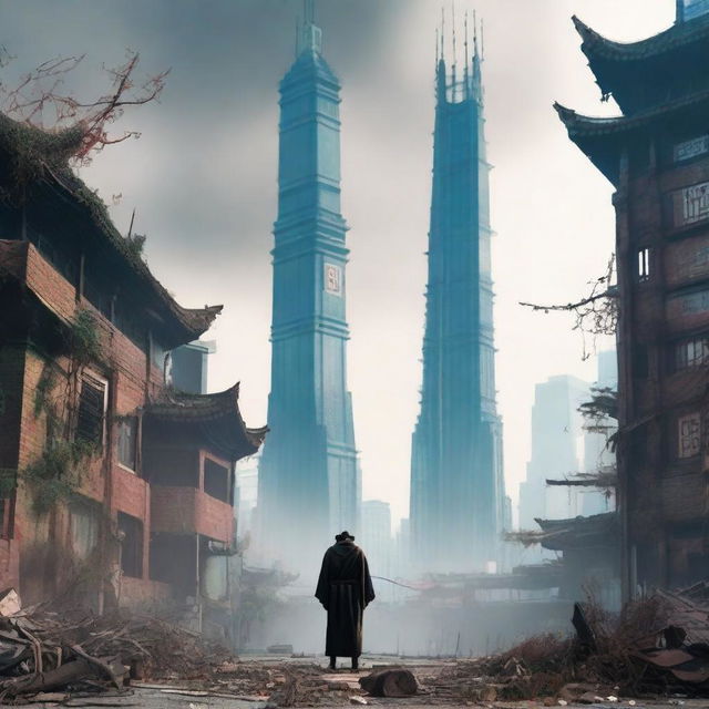 A post-apocalyptic urban cultivation scene set in a desolate Shanghai