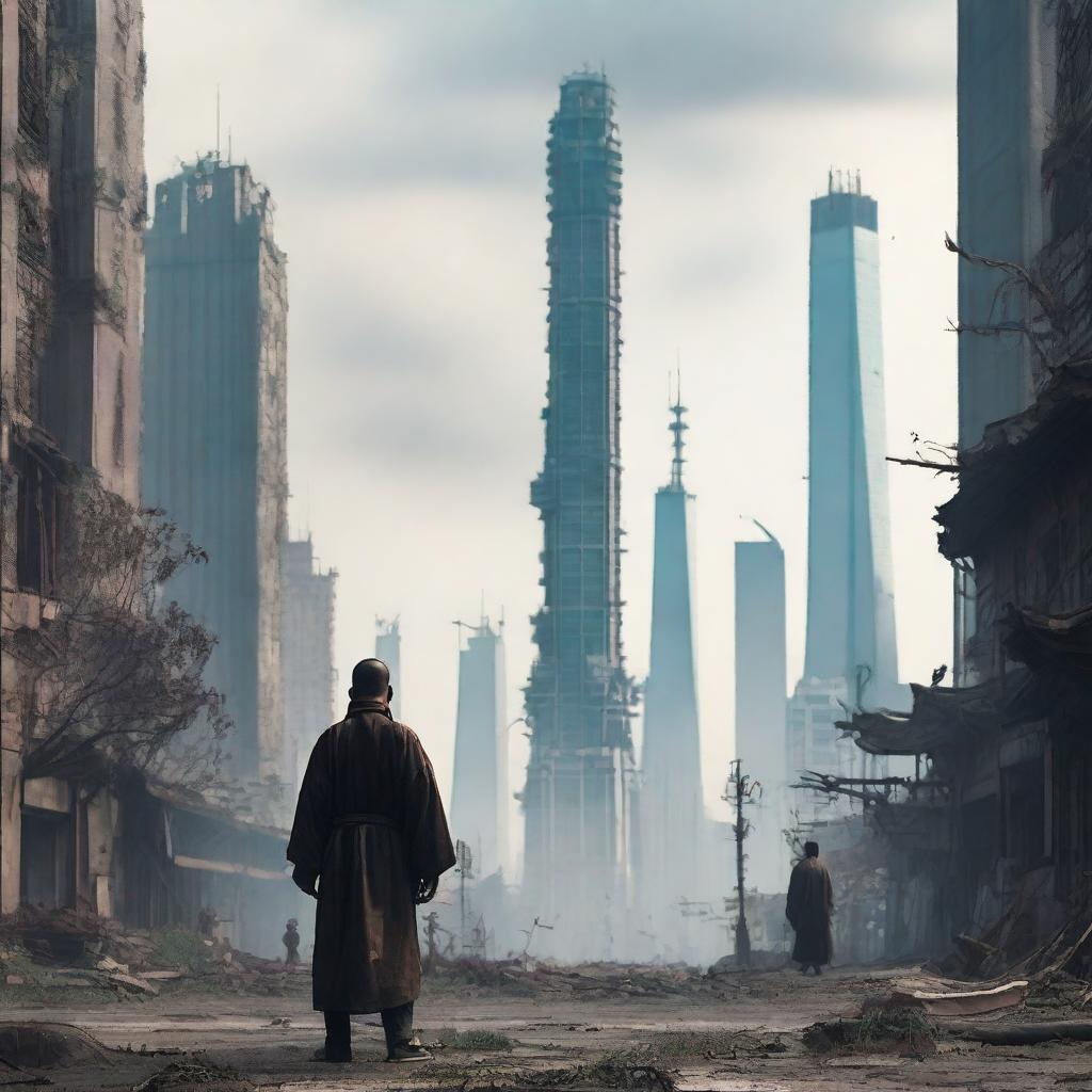 A post-apocalyptic urban cultivation scene set in a desolate Shanghai