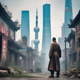 A post-apocalyptic urban cultivation scene set in a desolate Shanghai