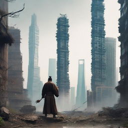 A post-apocalyptic urban cultivation scene set in a desolate Shanghai