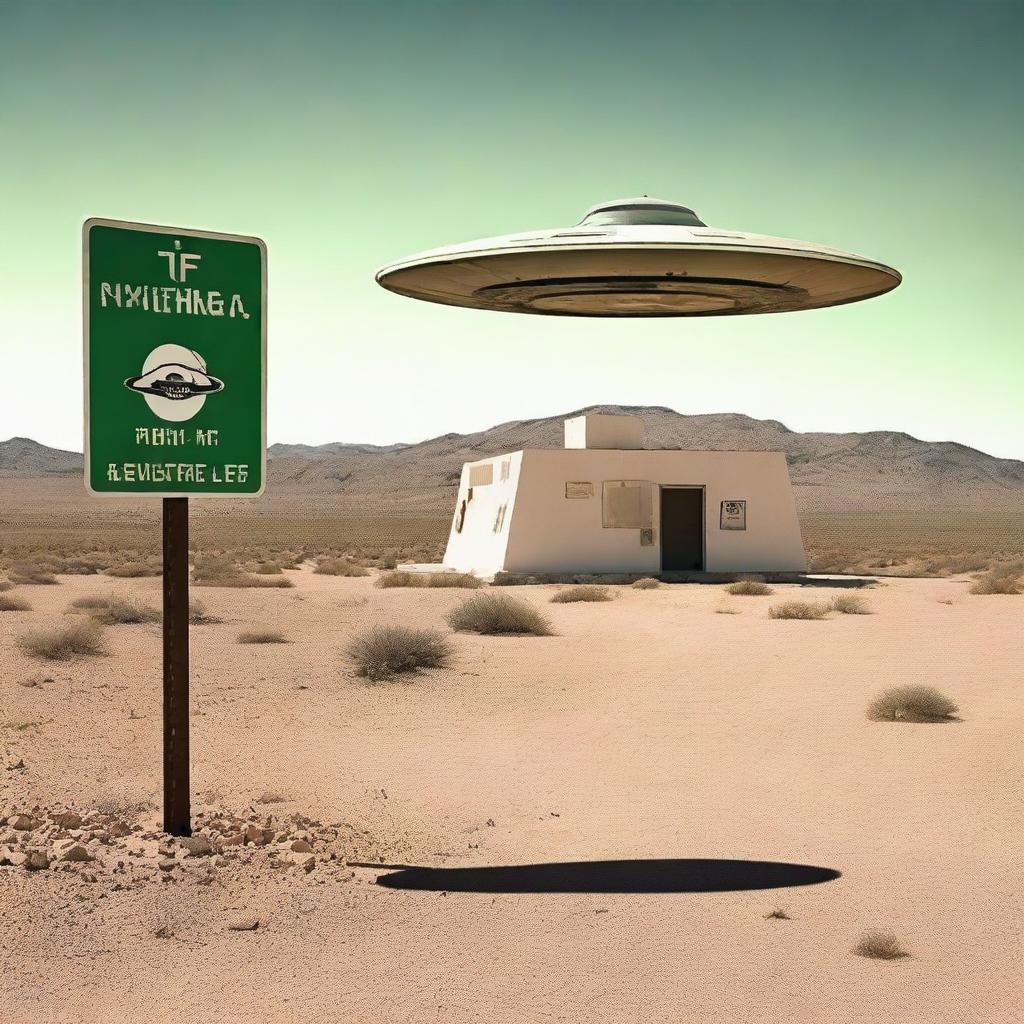 A mysterious and secretive military base in the desert, known as Area 51, with a sign that says 'Restricted Area'