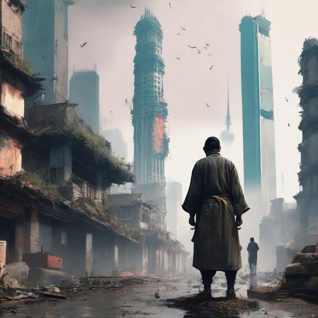 A post-apocalyptic urban cultivation scene set in a desolate Shanghai