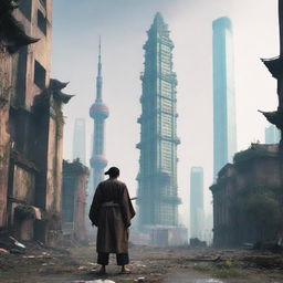 A post-apocalyptic urban cultivation scene set in a desolate Shanghai