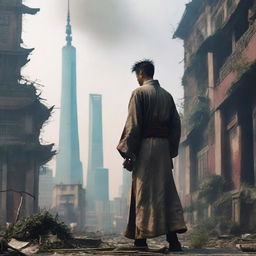 A post-apocalyptic urban cultivation scene set in a desolate Shanghai