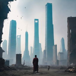 A post-apocalyptic urban cultivation scene set in a desolate Shanghai