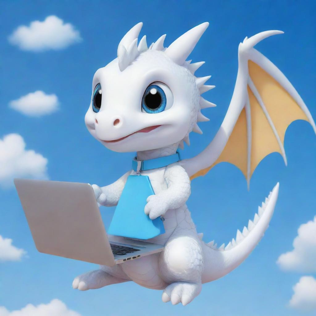 A cute chibi-style white dragon with braces, holding a laptop under the vibrant blue sky