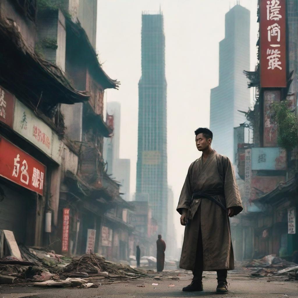 A post-apocalyptic urban cultivation scene set in a desolate Shanghai