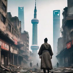 A post-apocalyptic urban cultivation scene set in a desolate Shanghai