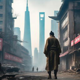 A post-apocalyptic urban cultivation scene set in a desolate Shanghai