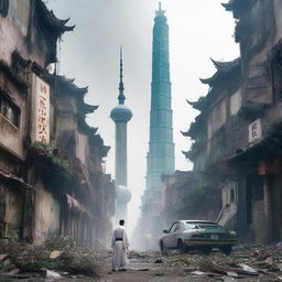 A post-apocalyptic urban cultivation scene set in a desolate Shanghai