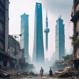 A post-apocalyptic urban cultivation scene set in a desolate Shanghai