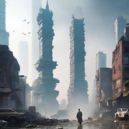 A post-apocalyptic urban cultivation scene set in a desolate Shanghai