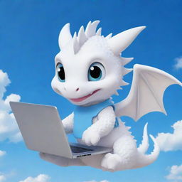 A cute chibi-style white dragon with braces, holding a laptop under the vibrant blue sky