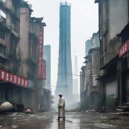 A post-apocalyptic urban cultivation scene set in a desolate Shanghai