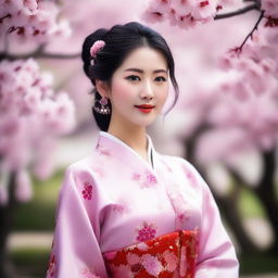 A beautiful and sexy Chinese girl, with elegant traditional Chinese clothing, standing in a serene garden filled with cherry blossoms