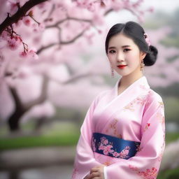 A beautiful and sexy Chinese girl, with elegant traditional Chinese clothing, standing in a serene garden filled with cherry blossoms