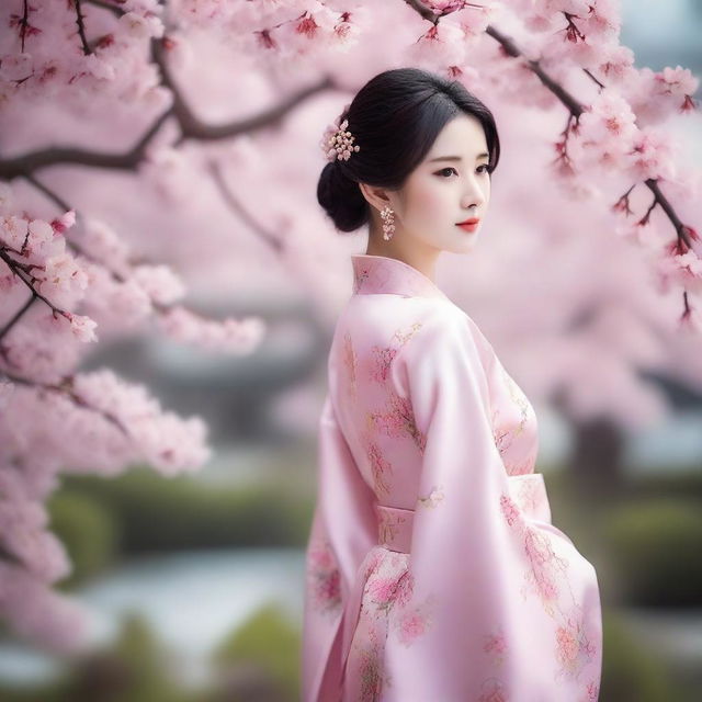 A beautiful and sexy Chinese girl, with elegant traditional Chinese clothing, standing in a serene garden filled with cherry blossoms