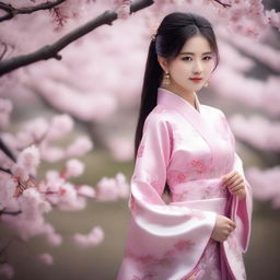 A beautiful and sexy Chinese girl, with elegant traditional Chinese clothing, standing in a serene garden filled with cherry blossoms