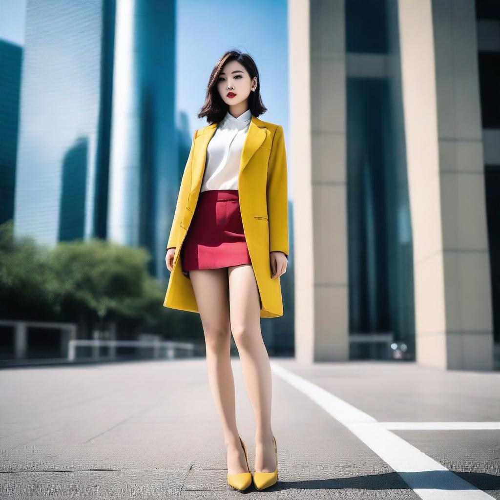 A fashionable Chinese woman showing her legs, dressed in a stylish outfit that highlights her legs