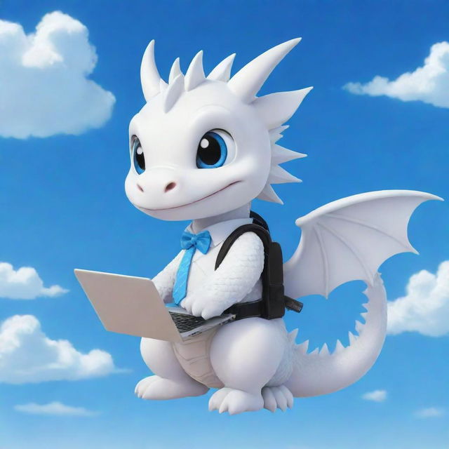 A cute chibi-style white dragon with braces, holding a laptop under the vibrant blue sky