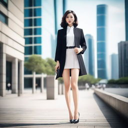 A fashionable Chinese woman showing her legs, dressed in a stylish outfit that highlights her legs