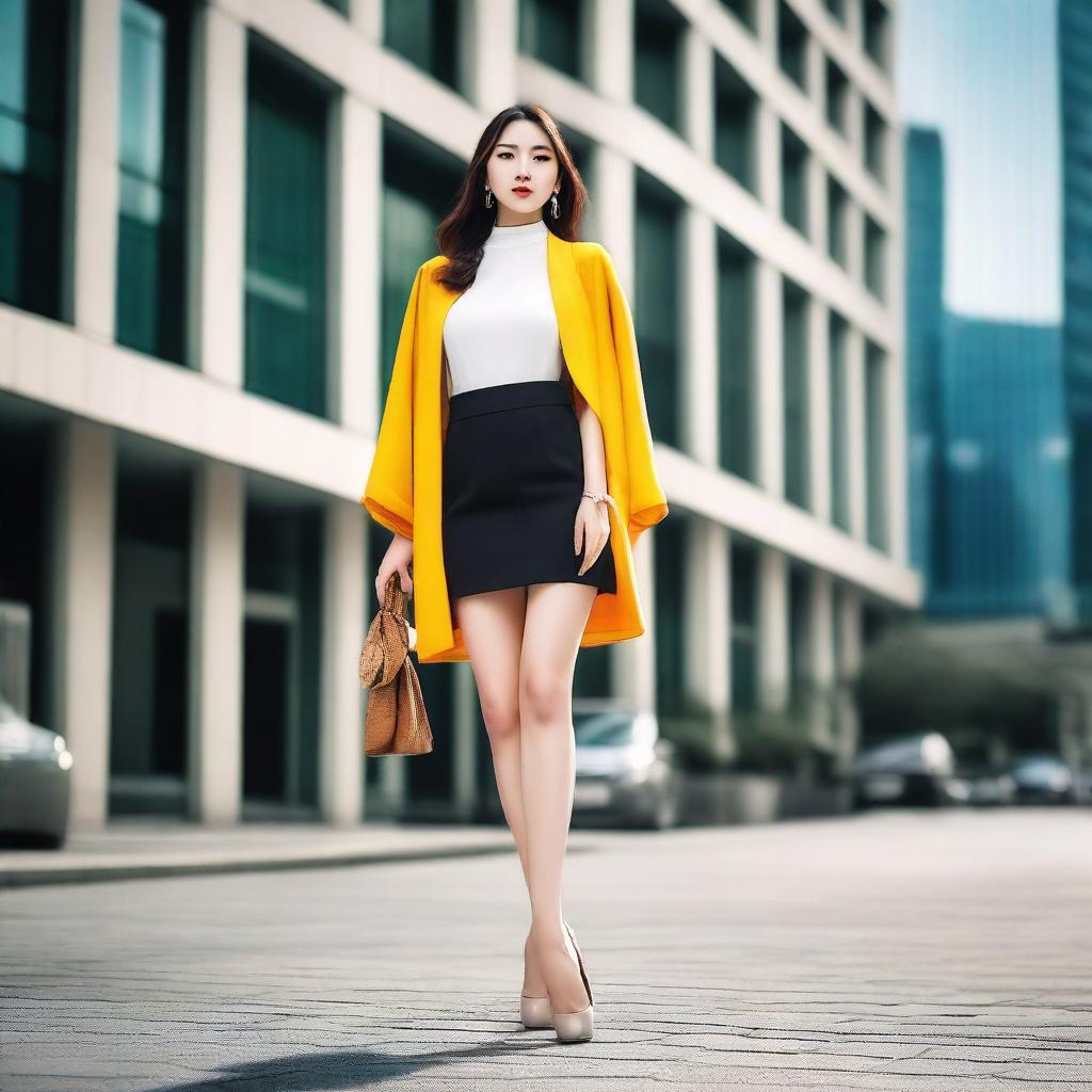 A fashionable Chinese woman showing her legs, dressed in a stylish outfit that highlights her legs