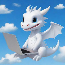 A cute chibi-style white dragon with braces, holding a laptop under the vibrant blue sky