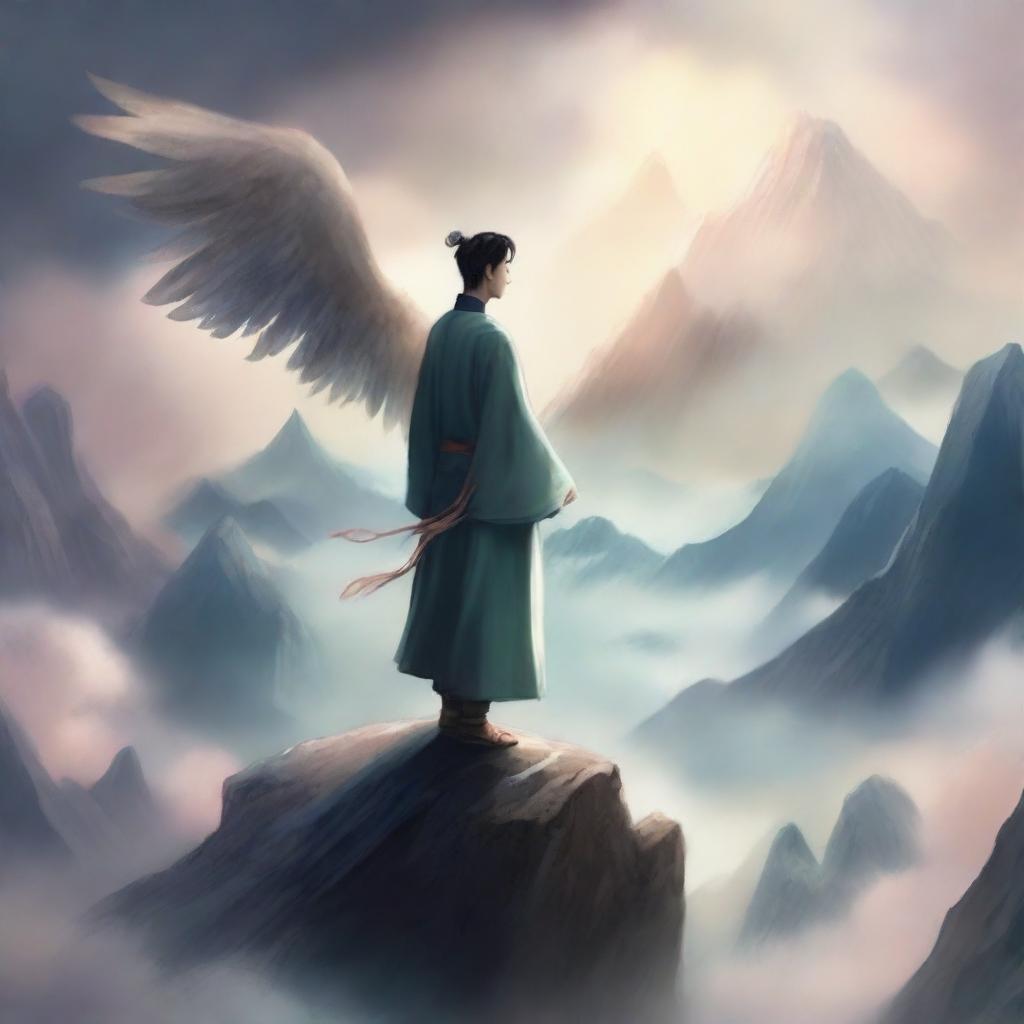 A cover for a Xianxia novel featuring a man with wings standing on a mountain peak