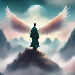 A cover for a Xianxia novel featuring a man with wings standing on a mountain peak