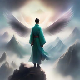 A cover for a Xianxia novel featuring a man with wings standing on a mountain peak