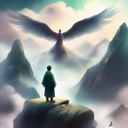 A cover for a Xianxia novel featuring a man with wings standing on a mountain peak