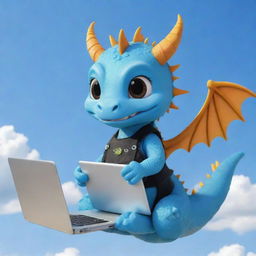 A cute chibi dragon with braces, holding a laptop under a blue sky